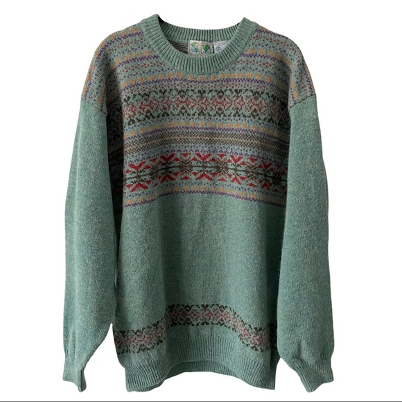 Vintage Poula Conti 100% Wool Grandpa Knit Fair Isle Sweater Large